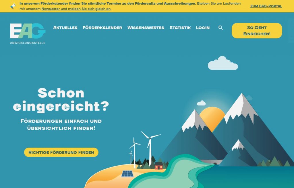 Startseite der EAG Abwicklungsstelle. Hier kann man Förderungen für Potovoltaik Anlagen beantragen und die aktuellen Termine checken. Hier ist auch das zentrale Portal für die gesamte Förder-Abwicklung.