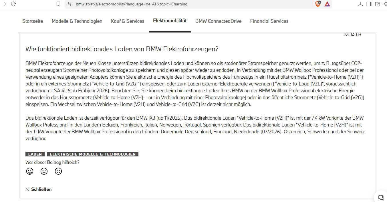 Screenshot BMW-FAQ bidirektionales Laden, Österreich als verfügbar gelistet, 26.09.2026