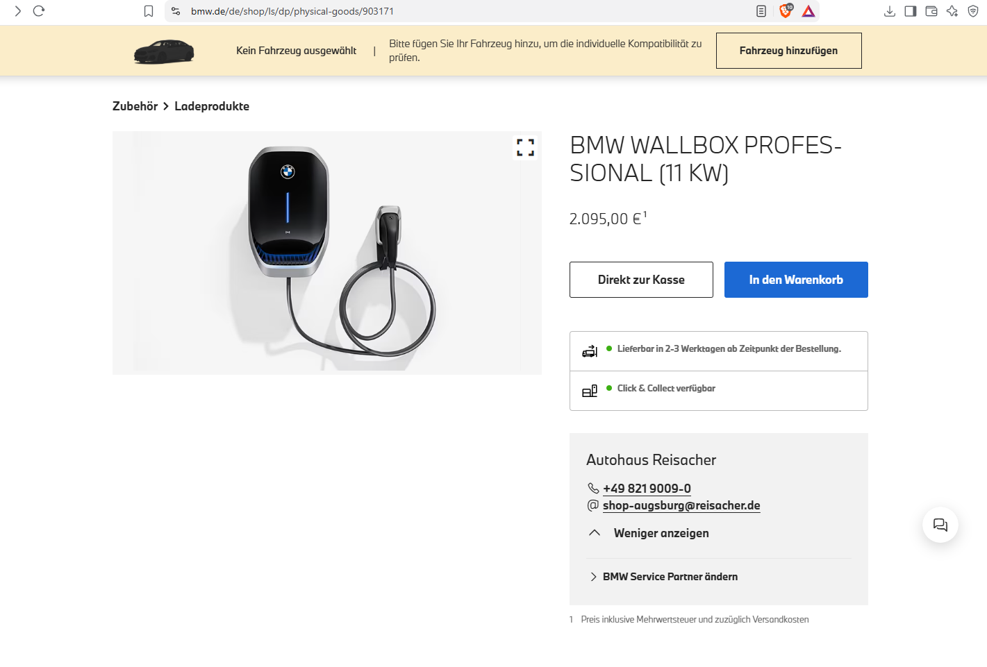 Screenshot BMW-Shop Deutschland, Wallbox Professional lieferbar in 2-3 Werktagen, 26.09.2026
