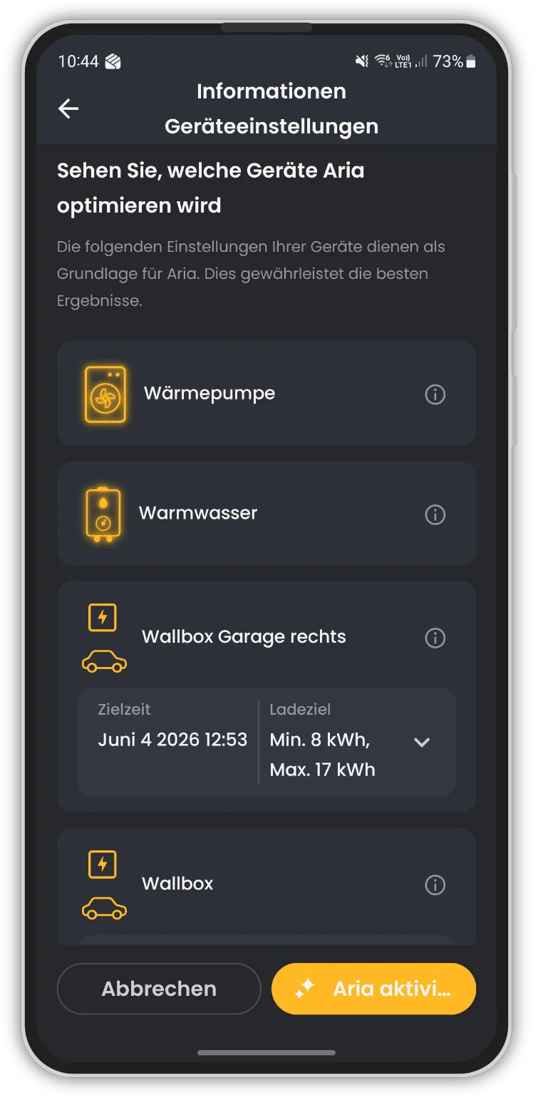 Aria-Geräteeinstellungen in der App: Wärmepumpe, Warmwasser und Wallbox mit Zielzeit und Ladeziel