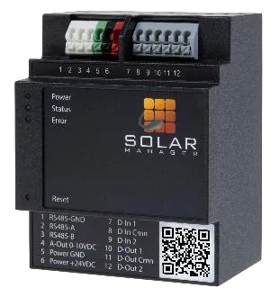 Solar Manager Connect 2 Gateway für die Hutschienenmontage mit RS485, digitalen Eingängen und Relaisausgängen