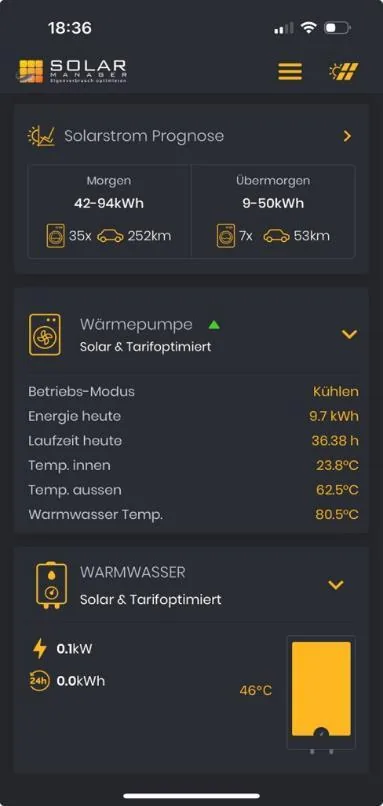 App-Ansicht der solar- und tarifoptimierten Steuerung von Wärmepumpe und Warmwasser
